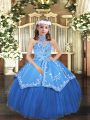 Adorable Sleeveless Tulle Floor Length Lace Up Little Girls Pageant Dress in Blue with Embroidery