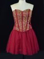 Elegant Wine Red Tulle Lace Up Sweetheart Sleeveless Mini Length Homecoming Dress Beading