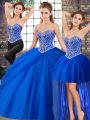 Best Selling Royal Blue Quince Ball Gowns Military Ball and Sweet 16 and Quinceanera with Beading and Pick Ups Sweetheart Sleeveless Brush Train Lace Up