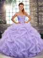 Unique Lavender Tulle Lace Up Sweetheart Sleeveless Floor Length 15 Quinceanera Dress Beading and Ruffles