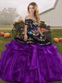 Embroidery and Ruffles Vestidos de Quinceanera Black And Purple Lace Up Sleeveless Floor Length