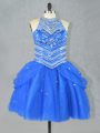 Best Blue Tulle Lace Up Prom Dresses Sleeveless Mini Length Beading