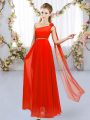 Floor Length Red Court Dresses for Sweet 16 One Shoulder Sleeveless Lace Up