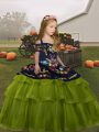 High End Floor Length Lace Up Little Girls Pageant Gowns Olive Green for Party and Wedding Party with Embroidery