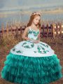 Organza Straps Sleeveless Lace Up Embroidery and Ruffled Layers Pageant Dress for Teens in Teal
