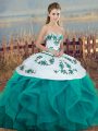 Floor Length Lace Up Sweet 16 Quinceanera Dress Turquoise for Military Ball and Sweet 16 and Quinceanera with Embroidery and Ruffles and Bowknot