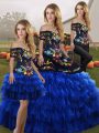 Pretty Off The Shoulder Sleeveless Sweet 16 Dresses Floor Length Embroidery and Ruffled Layers Blue And Black Organza