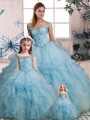Elegant Light Blue Sleeveless Organza Lace Up Ball Gown Prom Dress for Military Ball and Sweet 16 and Quinceanera