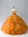 Orange Ball Gowns Organza Sweetheart Sleeveless Beading and Ruffles Floor Length Lace Up 15th Birthday Dress