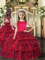 Sleeveless Floor Length Ruffled Layers Lace Up Custom Made Pageant Dress with Red