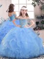 Wonderful Floor Length Blue Kids Formal Wear Straps Sleeveless Lace Up