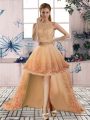 Gold Two Pieces Scoop Sleeveless Tulle High Low Backless Beading and Lace Prom Dresses