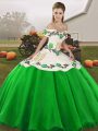 Custom Made Green Organza Lace Up Off The Shoulder Sleeveless Floor Length Quinceanera Gowns Embroidery