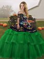 Green Ball Gowns Tulle Off The Shoulder Sleeveless Embroidery and Ruffled Layers Lace Up Quince Ball Gowns Brush Train
