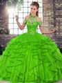 New Style Green Tulle Lace Up Halter Top Sleeveless Floor Length Ball Gown Prom Dress Beading and Ruffles