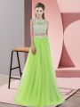 Yellow Green Tulle Zipper Halter Top Sleeveless Floor Length Damas Dress Lace
