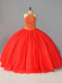 Halter Top Sleeveless 15th Birthday Dress Floor Length Beading Red Tulle
