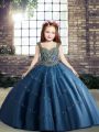 Blue Little Girl Pageant Dress Party and Wedding Party with Beading Straps Sleeveless Lace Up
