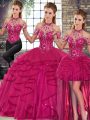 Sexy Sleeveless Floor Length Beading and Ruffles Lace Up Sweet 16 Quinceanera Dress with Fuchsia