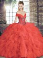 Sleeveless Tulle Floor Length Lace Up 15th Birthday Dress in Coral Red with Beading and Ruffles
