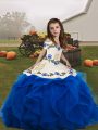 Blue Straps Neckline Embroidery and Ruffles Pageant Gowns For Girls Sleeveless Lace Up