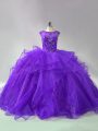 Scoop Sleeveless Brush Train Lace Up Vestidos de Quinceanera Purple Organza