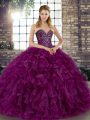 Organza Sweetheart Sleeveless Lace Up Beading and Ruffles Vestidos de Quinceanera in Purple