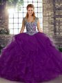 Discount Purple Tulle Lace Up Straps Sleeveless Floor Length Ball Gown Prom Dress Beading and Ruffles