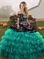 Sleeveless Floor Length Embroidery and Ruffled Layers Lace Up Vestidos de Quinceanera with Turquoise