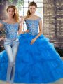 Two Pieces Sleeveless Blue Quinceanera Dresses Brush Train Lace Up