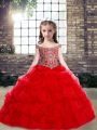 Off The Shoulder Sleeveless Organza and Tulle Little Girls Pageant Dress Beading Lace Up