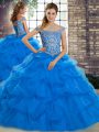 Blue Ball Gowns Off The Shoulder Sleeveless Tulle Brush Train Lace Up Beading and Pick Ups 15 Quinceanera Dress