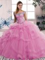 Sleeveless Floor Length Beading and Ruffles Lace Up Sweet 16 Dresses with Rose Pink
