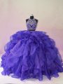Suitable Purple Two Pieces Organza Halter Top Sleeveless Beading and Ruffles Backless Quinceanera Gowns Brush Train