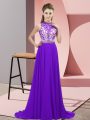 Purple Mother Of The Bride Dress Prom and Party with Beading Halter Top Sleeveless Brush Train Backless