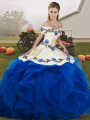 Royal Blue Lace Up Off The Shoulder Embroidery and Ruffles Quince Ball Gowns Tulle Sleeveless