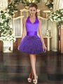 Trendy Purple Ball Gowns Halter Top Sleeveless Organza Mini Length Lace Up Ruffles Dress for Prom