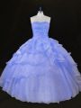 Lavender Ball Gowns Organza Sweetheart Sleeveless Ruffles and Hand Made Flower Floor Length Lace Up 15 Quinceanera Dress