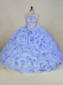 Inexpensive Halter Top Sleeveless Quinceanera Dress Brush Train Beading Lavender Fabric With Rolling Flowers