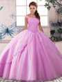 Lilac Sleeveless Tulle Brush Train Lace Up Quinceanera Dresses for Military Ball and Sweet 16 and Quinceanera