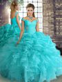 Nice Aqua Blue Lace Up Sweet 16 Dresses Beading and Ruffles and Pick Ups Sleeveless Floor Length
