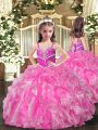 Charming Rose Pink Organza Lace Up Straps Sleeveless Floor Length Kids Pageant Dress Beading and Ruffles