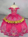 Pretty Off The Shoulder Sleeveless Quince Ball Gowns Floor Length Embroidery Hot Pink Satin