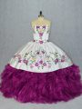 Sweetheart Sleeveless 15th Birthday Dress Floor Length Embroidery and Ruffles Fuchsia Organza