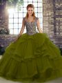 Olive Green Ball Gowns Beading and Ruffles Sweet 16 Dress Lace Up Tulle Sleeveless Floor Length