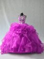 Purple Ball Gowns Scoop Sleeveless Organza Floor Length Lace Up Beading and Ruffles 15th Birthday Dress