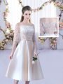 Noble Champagne A-line Off The Shoulder Half Sleeves Satin Tea Length Lace Up Lace and Belt Bridesmaid Gown