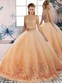 Peach Two Pieces Scalloped Sleeveless Tulle Sweep Train Backless Lace Quince Ball Gowns
