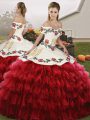 Wine Red Off The Shoulder Neckline Embroidery and Ruffled Layers Quinceanera Dress Sleeveless Lace Up