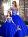 Smart Royal Blue Tulle Lace Up Ball Gown Prom Dress Sleeveless Brush Train Beading